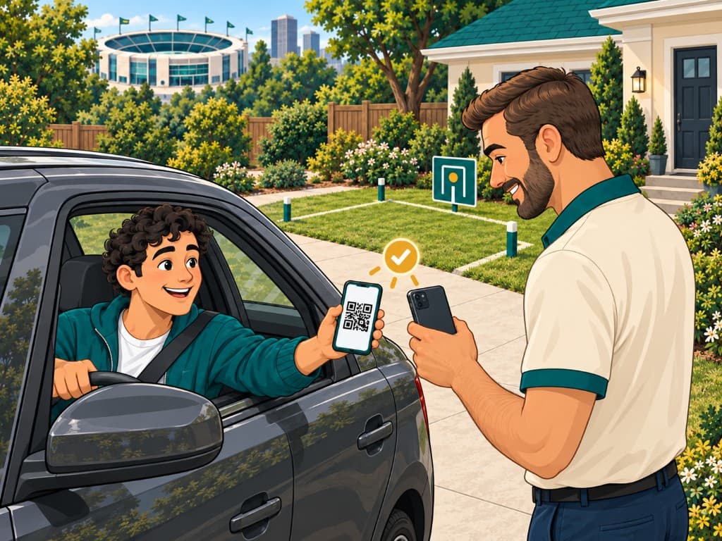 A fan holds up a Spot Pass QR code from the car while a host checks them in at a driveway near the stadium.