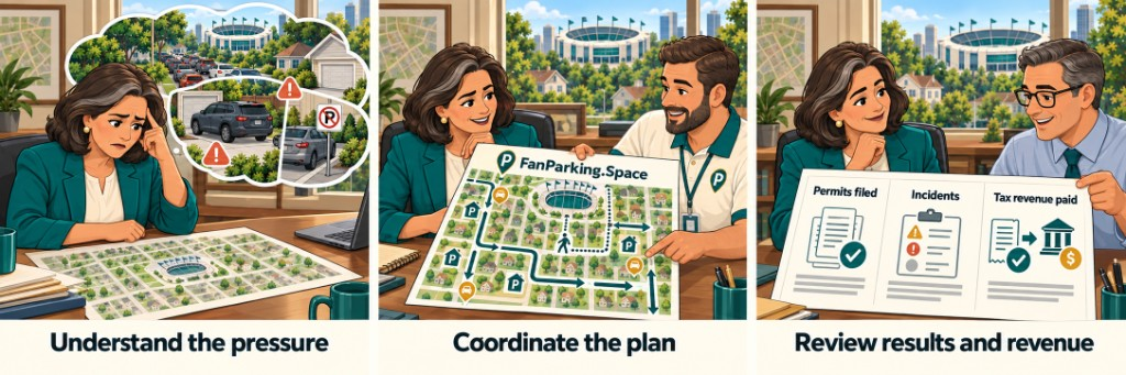 The City illustration series: Scene 1 Understand the pressure, Scene 2 Coordinate the plan, Scene 3 Review results and revenue.