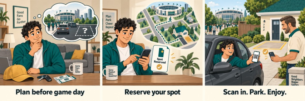 The Fan illustration series: Scene 1 Plan before game day, Scene 2 Reserve your spot, Scene 3 Scan in. Park. Enjoy.