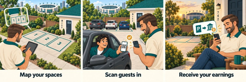 The Host illustration series: Scene 1 Map your spaces, Scene 2 Scan guests in, Scene 3 Receive your earnings.