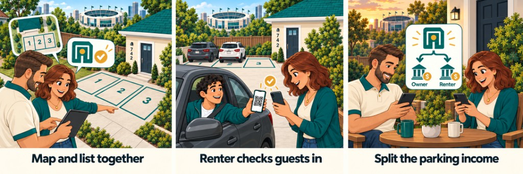 The Renter & Owner illustration series: Scene 1 Map and list together, Scene 2 Renter checks guests in, Scene 3 Split the parking income.